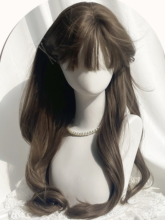 ブラウンのロングウェーブ合成ウィッグ(前髪付き)