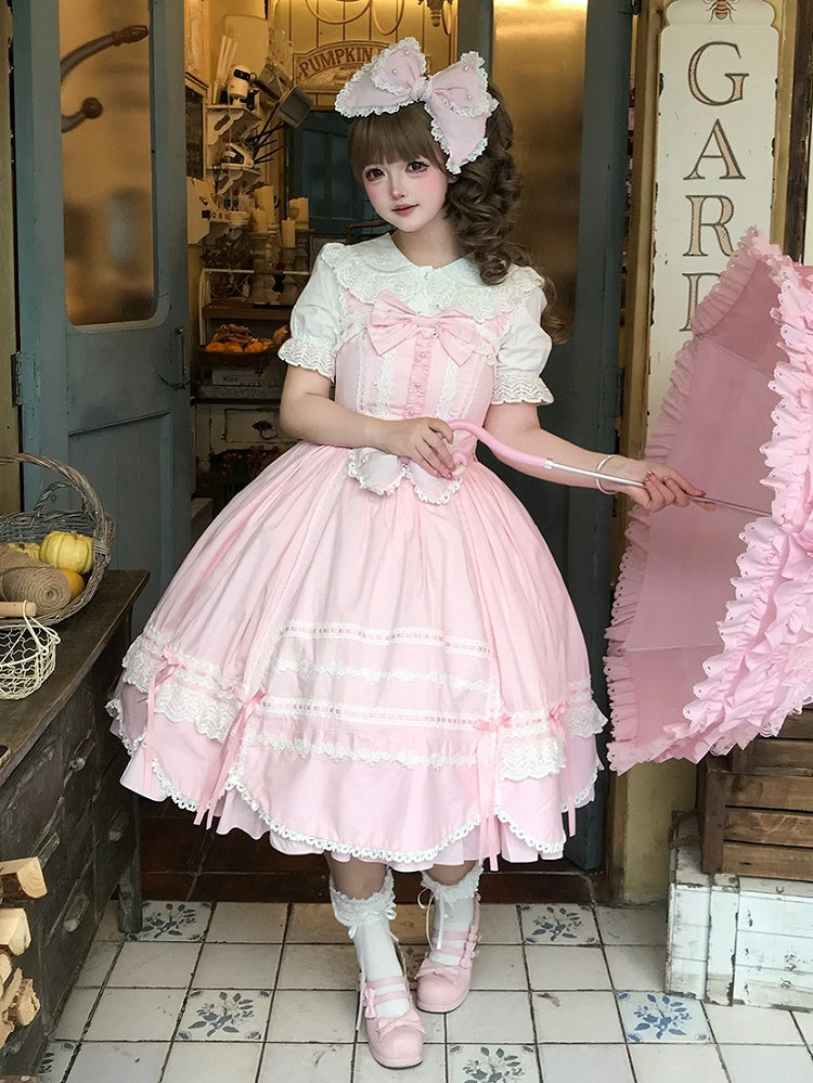 Lolita Old School Pullover Saum Rosa Kleid Besatz Gewellter Rand Rock