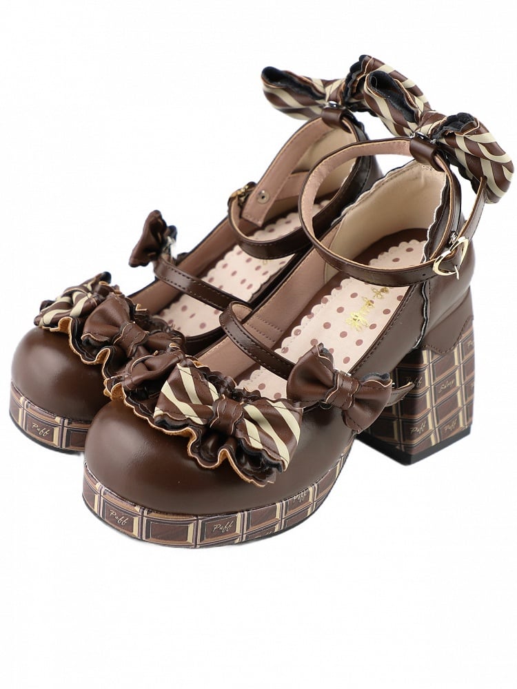 Heart Dark Brown High Chocolate Heels Striped Janes Bowknot Details Platform Mary Buckle Block