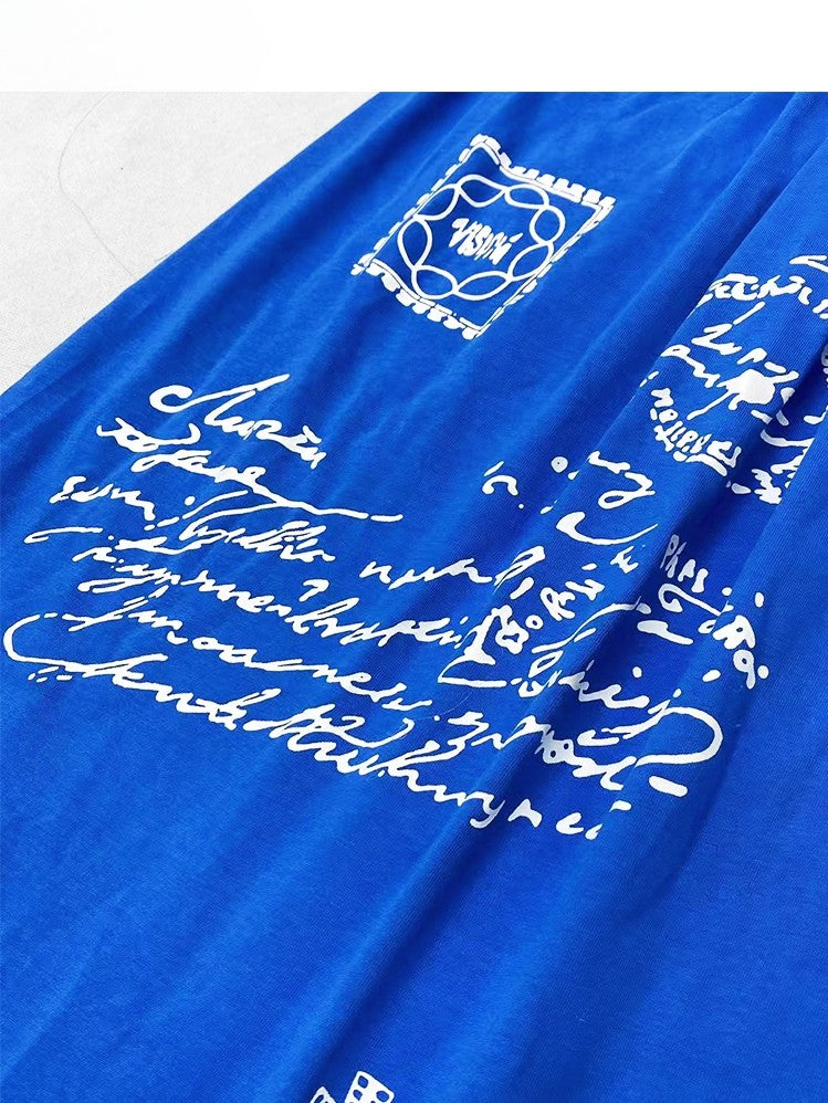 Blue Y2K A-Line Skirt With Letter Sailboat And Cross Prints