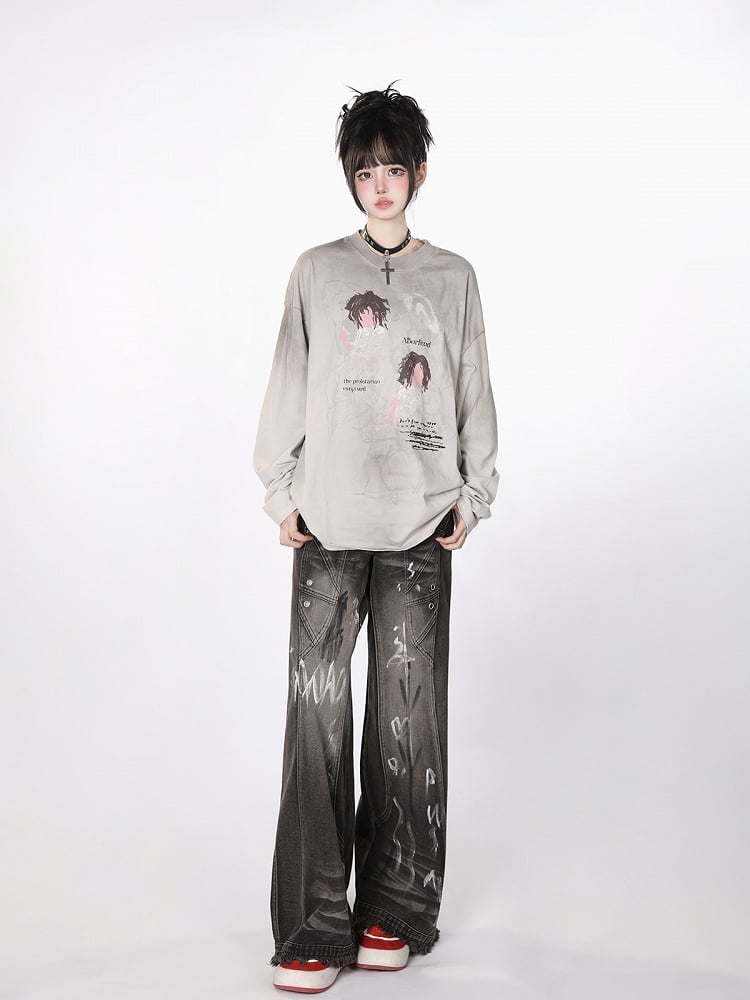 Black Closure Lines Visible Zipper Tie-Dye Graffiti Wide-Leg Jeans with Flowing
