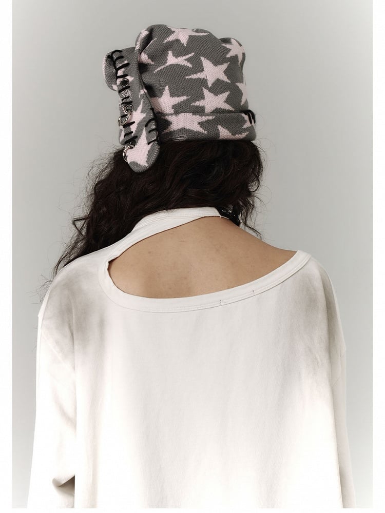 Zipper and Detail White Distressed Top with Cutout Shoulder