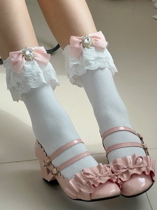 White Calf Ruffled Jirai Cuff Kei Bowknot Pink/Blue/Purple/White/Black/Beige Socks With Details