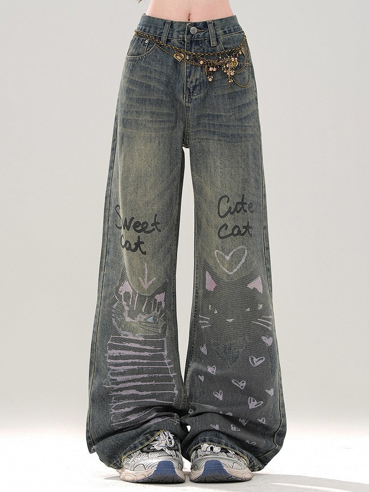 Denim Cute Print Wide-leg Blue Kitties Wash Cut Faded Jeans