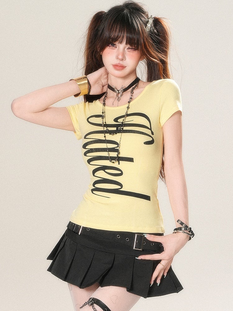 Glamorous Back Design White/Yellow/Black T-shirt Letter Print Criss-cross
