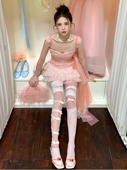 Lace Trim Stockings White/Pink/Blue/Purple/Grey/Black Design Asymmetrical Bowknot Overknee