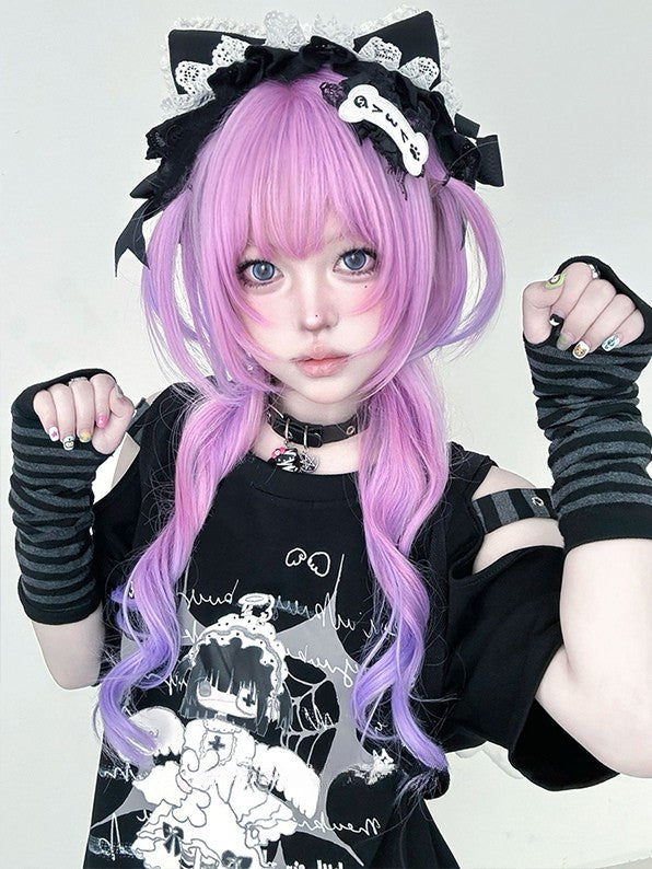 Wig Hime Color Ombre Hair With Bangs Wavy Cut Length 72CM Pink-Purple Air