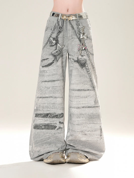 Gray Low Rise Chains Print Distressed Wide-Leg Jeans