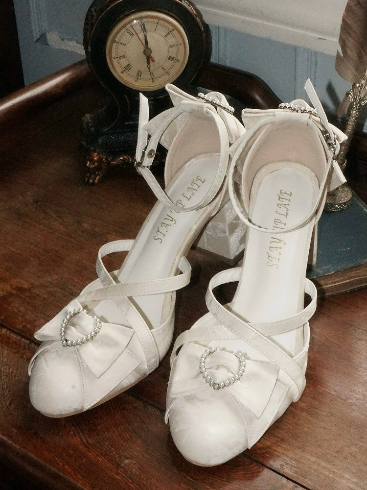 Style in with PU Bows Heels Beige Heart Lolita Leather Block High Beaded
