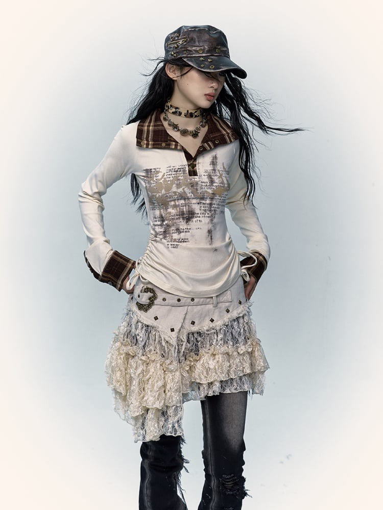 Beiger Spitzenrock mit asymmetrischem Saum, Distressed-Besatz und Schnallendetail