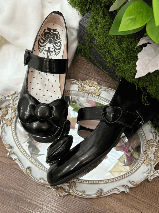 Mary Black - Bow Heel Buckle Heart Low Janes Sweet Lolita Toe at Top Round PU