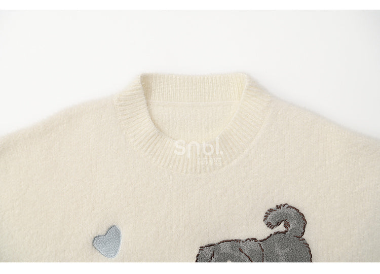 White Cute Puppies Pattern Round Neck Loose Sweater