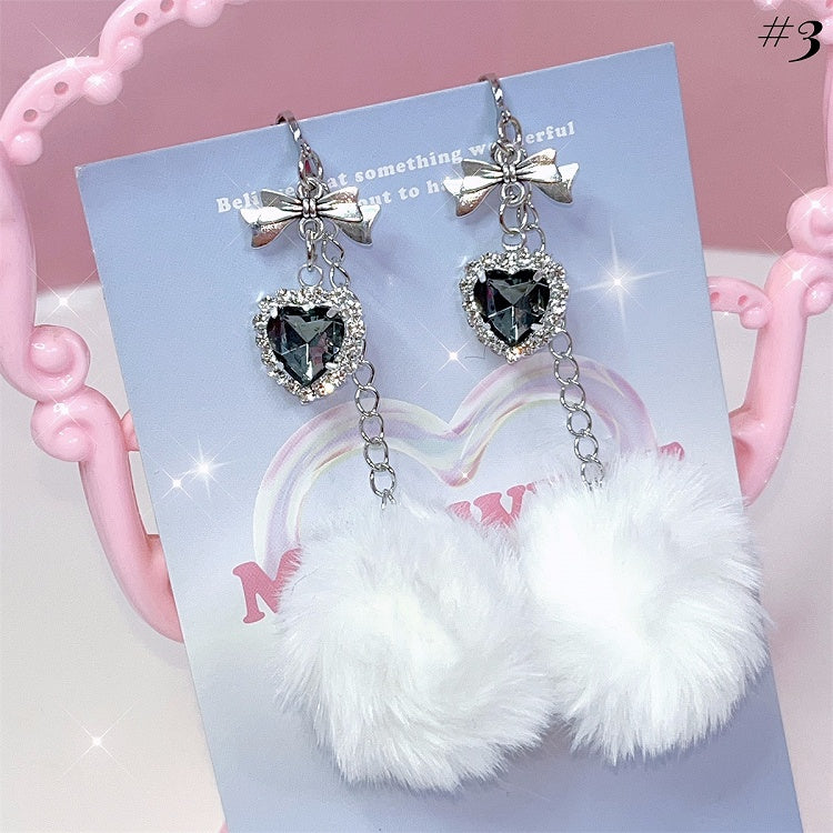 Pompons & Rhinestone Detail Jirai Kei Ear Clips