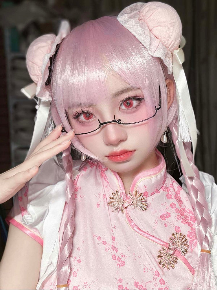 Full Clips 30CM Wig Pink + Short Ponytail With 55CM Bangs Claw Straight Double Braided