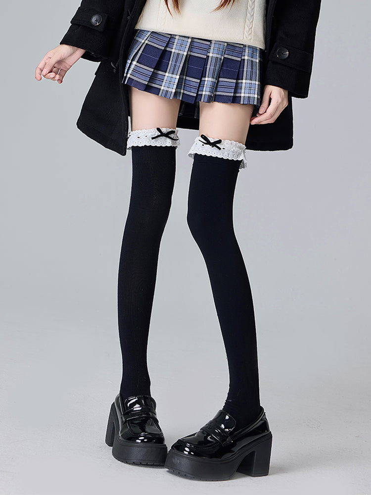 Black/White Lolita Bowknot Lace Details Overknee Stockings