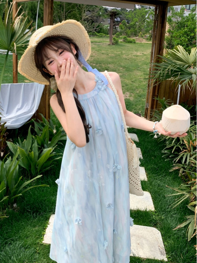 Blue Floral Accents Holiday Chiffon Halter Neck Dress Light