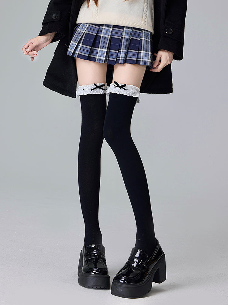 Black/White Lolita Bowknot Lace Details Overknee Stockings