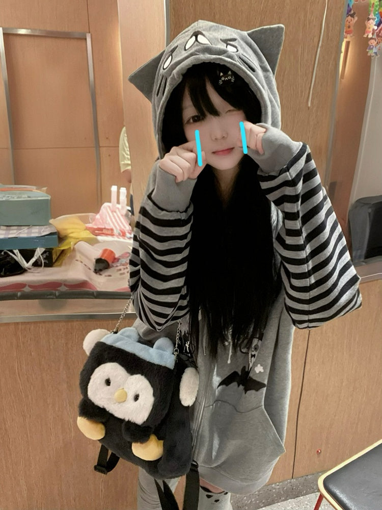 Alt-Culture Halloween-Themed Jacket Print Gray Zip-Up with Hood Cat-Ear