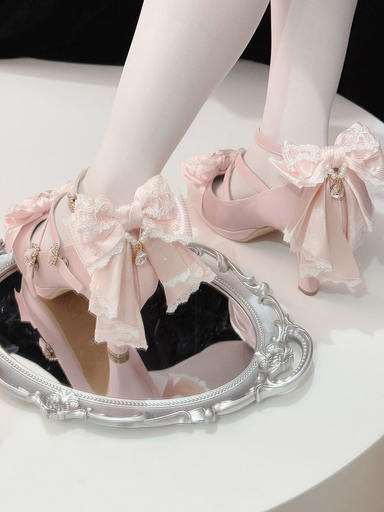 Heart Heels Bow Pink Crisscross High Buckle at Top Design