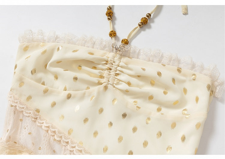 Beige/Black Neck Waist Polka-dot Vintage Halter Lace Patches