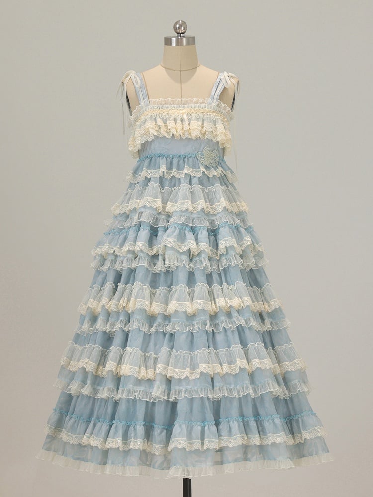 Goldfish Blue Adjustable Ruffle Sweet Embroidery Dress Lolita Straps and with Multi-Layered