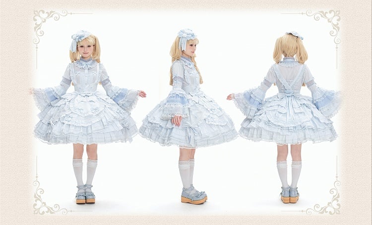 Dress Bust Hem Ruffle Sweet Accents Bow Lolita Layered with Blue Under
