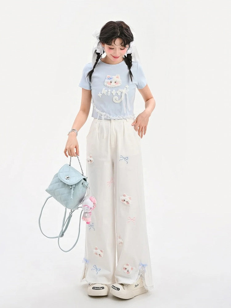 Long/Short Round Neck Plush Version Blue T-Shirt Cat Applique