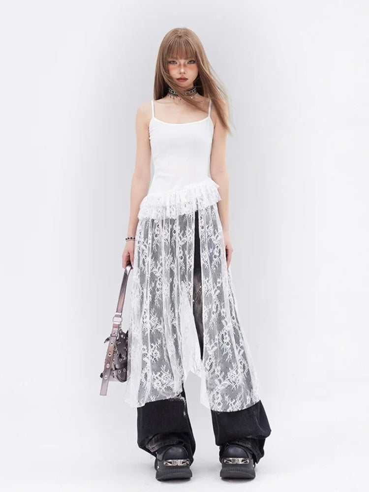 White Contrast Lace Patches Glamorous Cami Top Tiered Ruffles