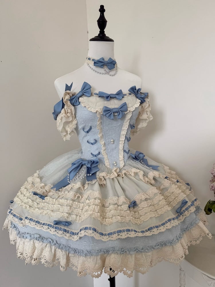 Dress Boned Lolita Blue Skirt Jumper Waist Accents Ballercore Bow