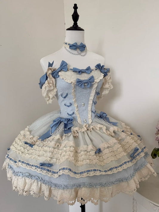 Kleid mit Stäbchen, Lolita, blauer Rock, Pullover, Taillenakzente, Ballercore-Schleife