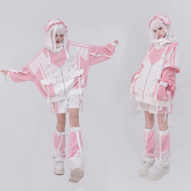 and with Oversized White Closure Techwear Details Colorblock Pink Fit Jacket Snap