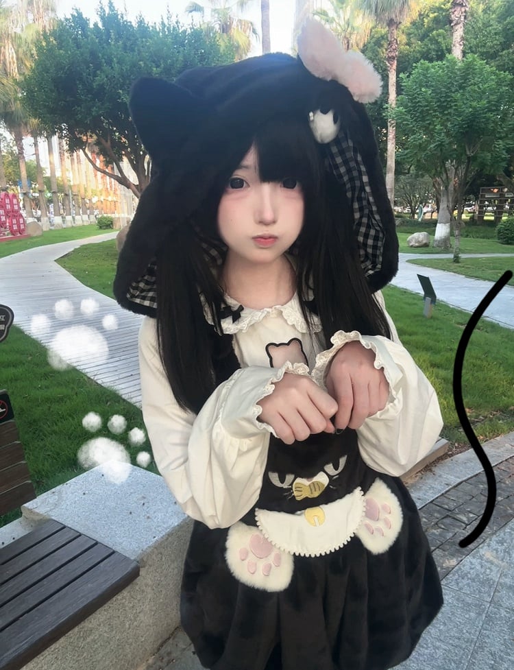 Detachable with Plush Paw Kawaii Soft Hood Cat-Ear Cat Embroidery Bloomer Shorts Overall Black