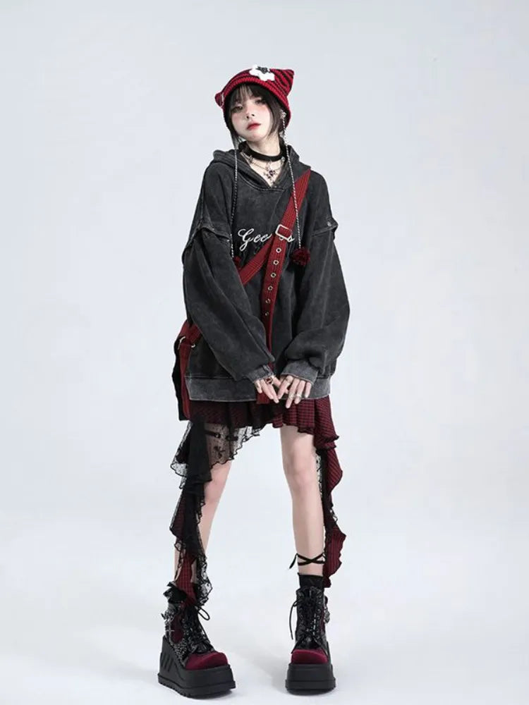 Rock Plaid Rot/Schwarz Schwarz Rosa Spitze Panel Unregelmäßigen Saum und