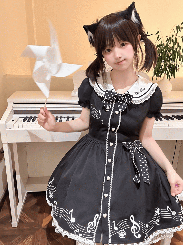 Puff Melodic Kitty Black Sailor Collar Keyboard Dress Design Back Sleeves Short