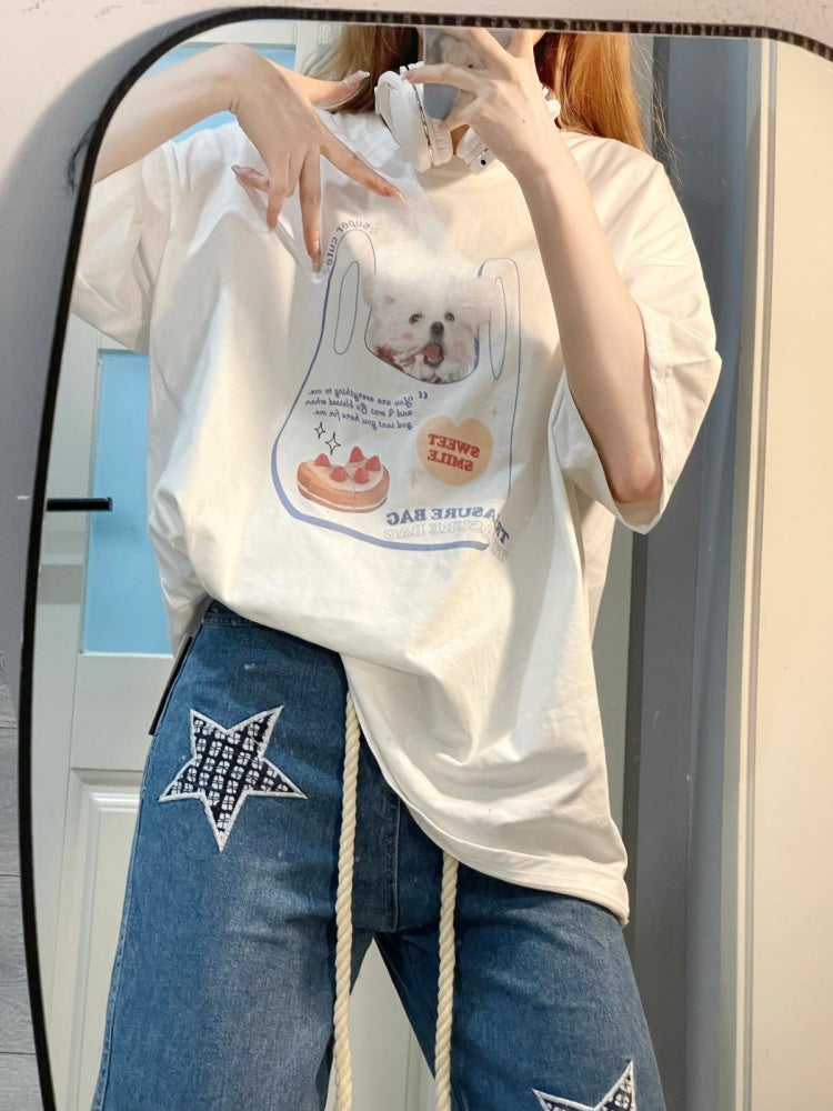 Weißes T-Shirt mit süßem Welpen-Print