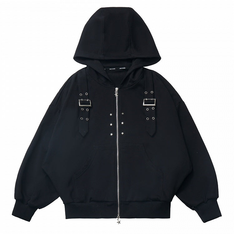 Studs Star Straps Buckle Black Hoodie Zip Closure