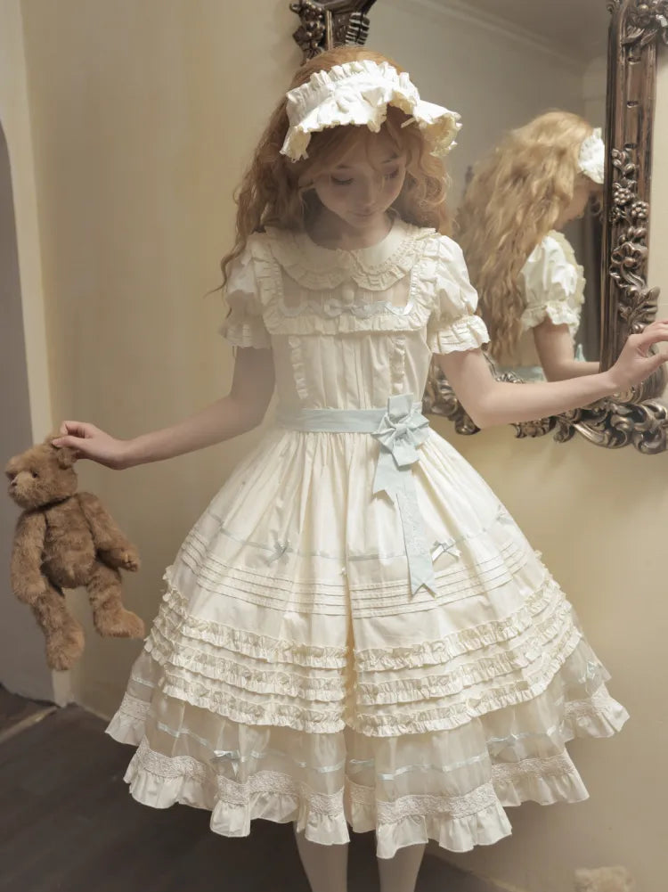 Dress Bow Collar Lolita Green Beige Cotton and Mint Pan Accents Peter