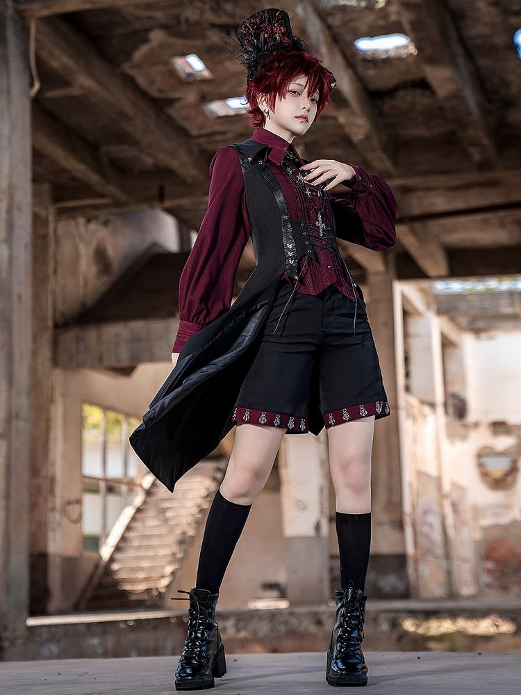 Straight-leg Shorts Black Lolita Ouji Cuffs Red