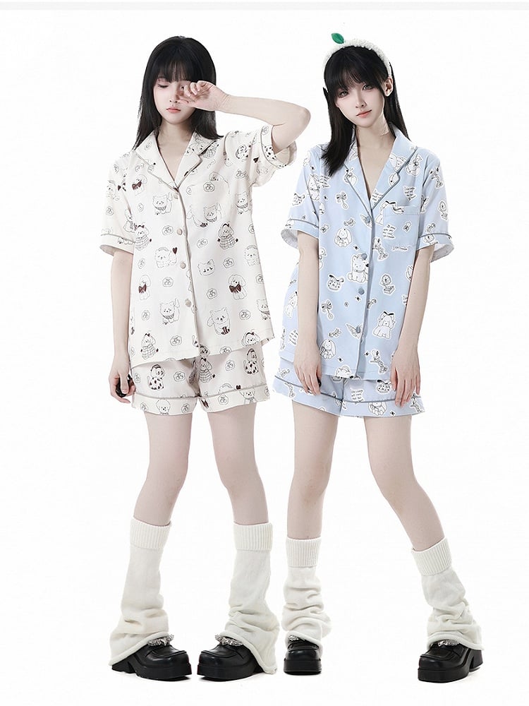 Puppy Print Pajamas Set Blue/Creamy Allover Cute Yellow Light