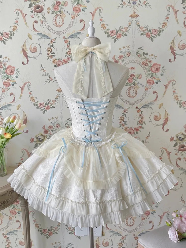 Cross Belle Beige and Blue Halter Neck Corset Dress Balletcore Lolita JSK
