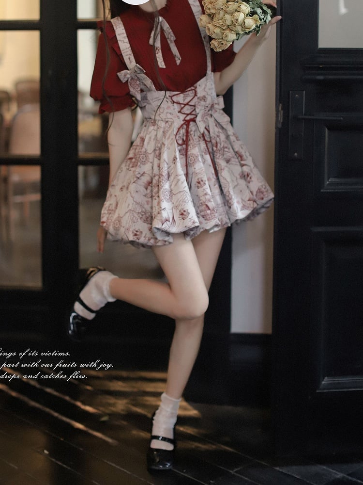 Wine Red Jacquard Overall Dress with Bubble Skirt Lace-up Waist
