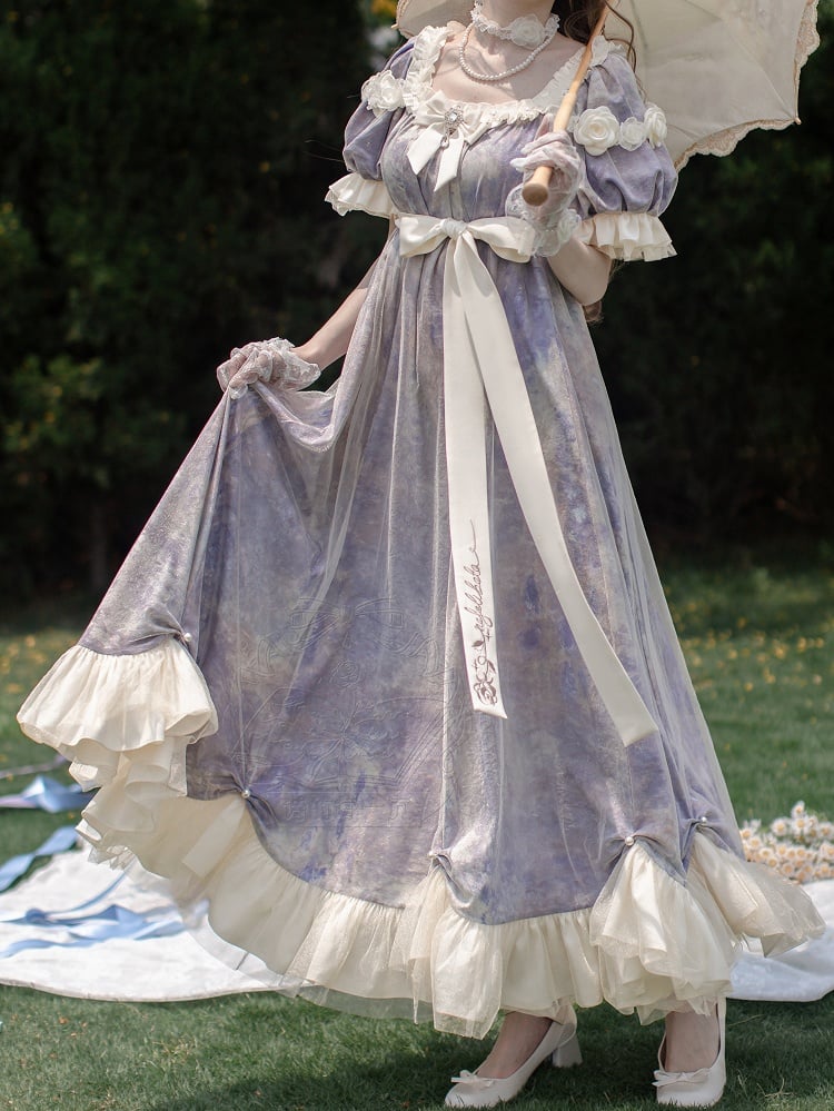 Classic Empire Maxi Piece Purple Lolita Oil One Elegant Waist Painting Dress Print