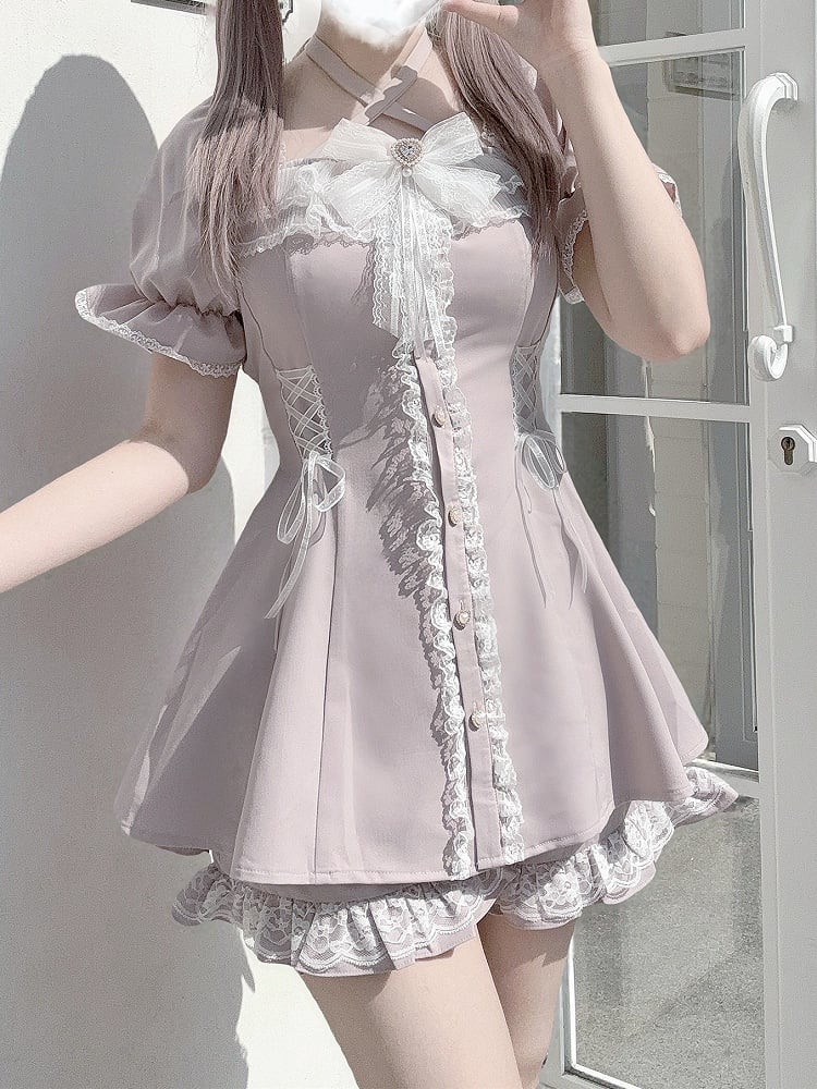 Kleider-Shorts-Set: Knöpfe, Herz-Coord + Sweet Kei Jirai mit hellrosa geformtem Neckholder