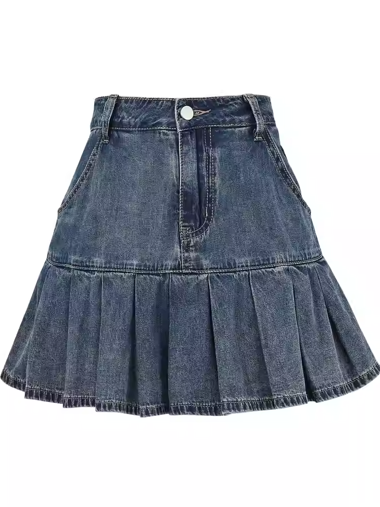 Waist Pleated Denim Skirt Blue High
