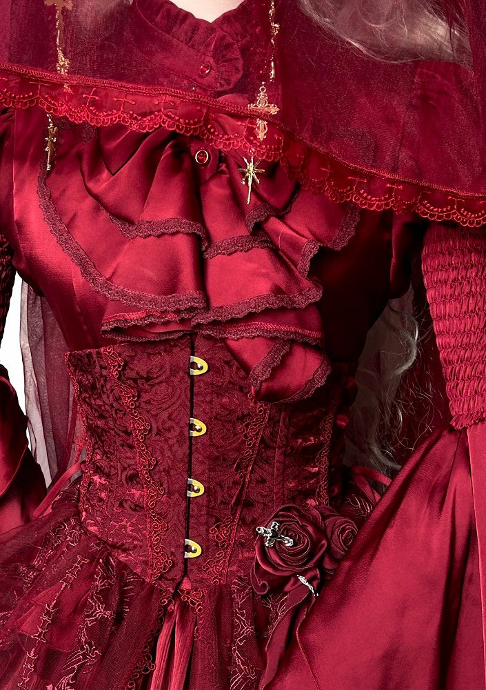 Red Gothic Lolita Corset Belt with Drawstring Design Cathedral Embroidery Overlay