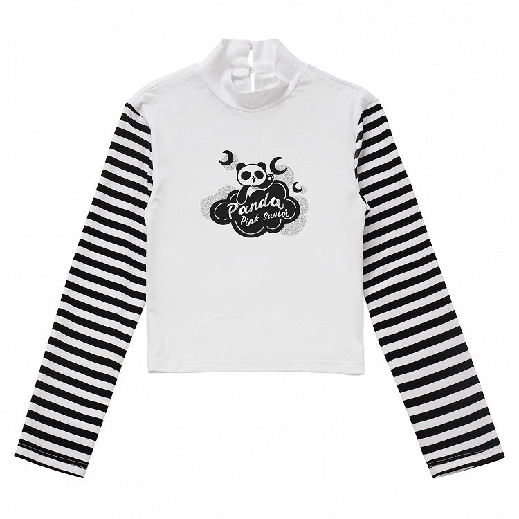 Panda Print Black Long Top and Sleeves Striped White