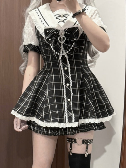 Plaid Bow Mini Dress + Ruffled Back Black Shorts Sailor Collar Self-tie Hem Jirai Kei Set