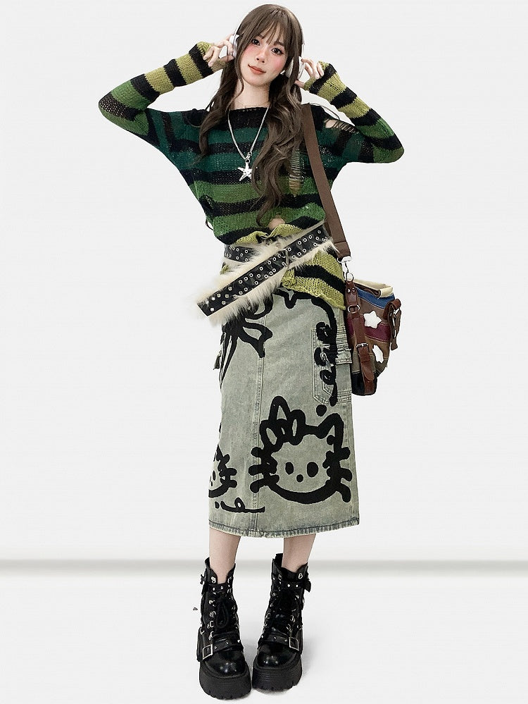 Pattern Y2K Green Cut-out Neckline Details Asymmetrical Sweater Striped