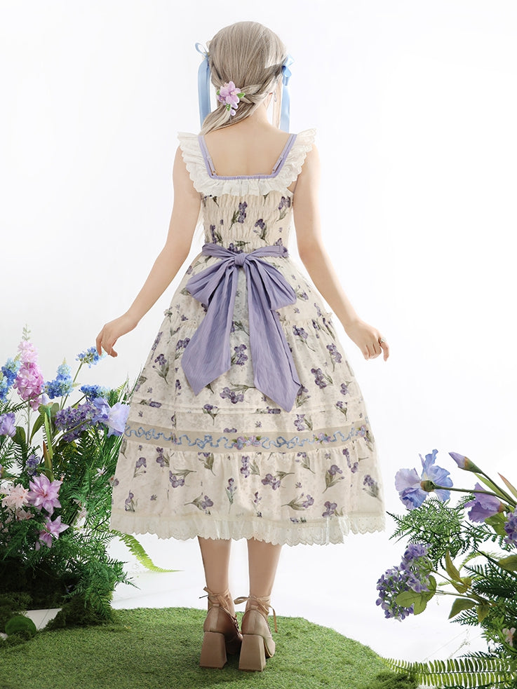 Neckline Jumper Skirt Beige Off-the-shoulder Purple Iris Embroidery