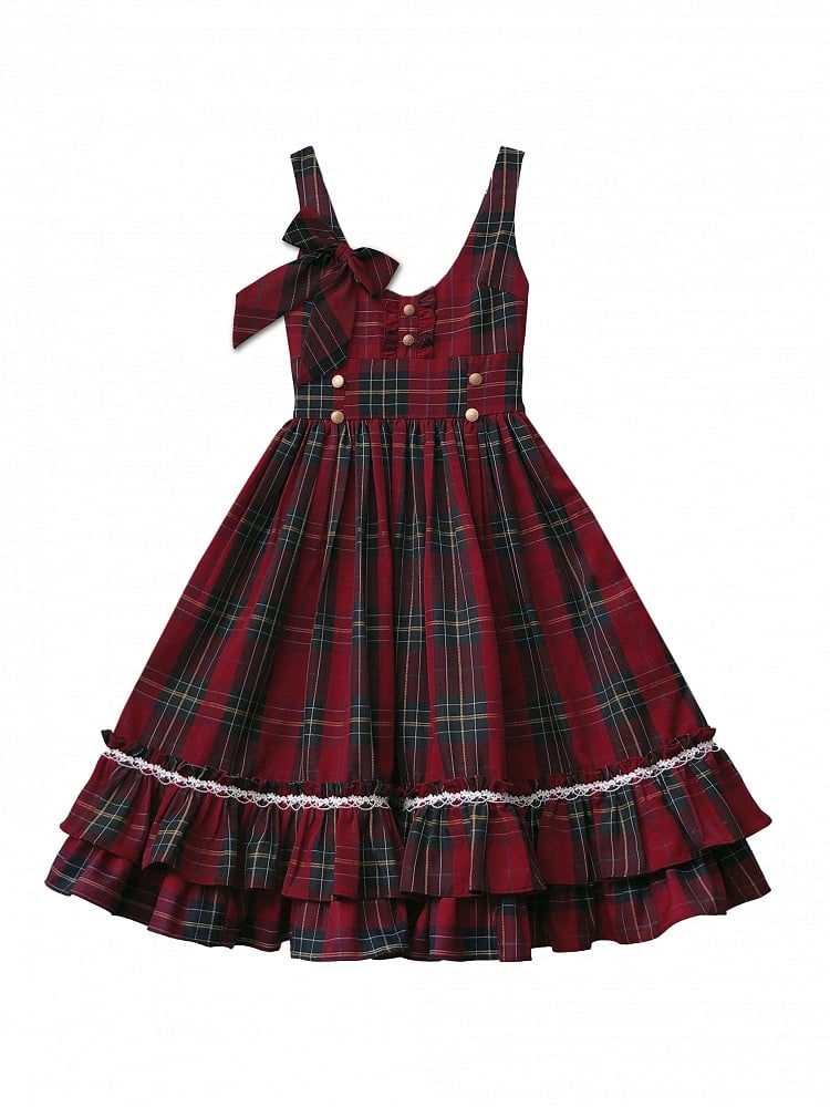 Bow Overall Plaid Dress High Red Waist Tie with